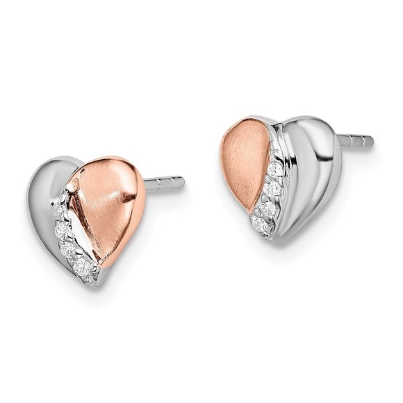 Sterling Silver Rhodium/Rose Gold-plated CZ Heart Earrings - Picture 4 of 4